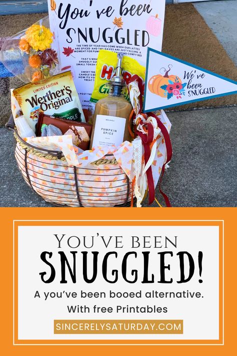 Don't celebreate Halloween but want to do a surprise basket like the "you've been booed" tradition? I have made the first of its kind a "you've been snuggled" basket for surprise gifting your family, friends, co-workers, and neighbors. You will find free printable signs, pendants flags, and tags to make your gifting that much easier, #new #newtradtions #fall #fallgift #you'vebeenbooed #fun #suprise Surprise Basket, Diy New Years Party, Thanksgiving Baskets, Been Booed, Fall Gift Baskets, Boo Gift, Anniversay Gifts, You've Been Booed, Halloween Gift Baskets