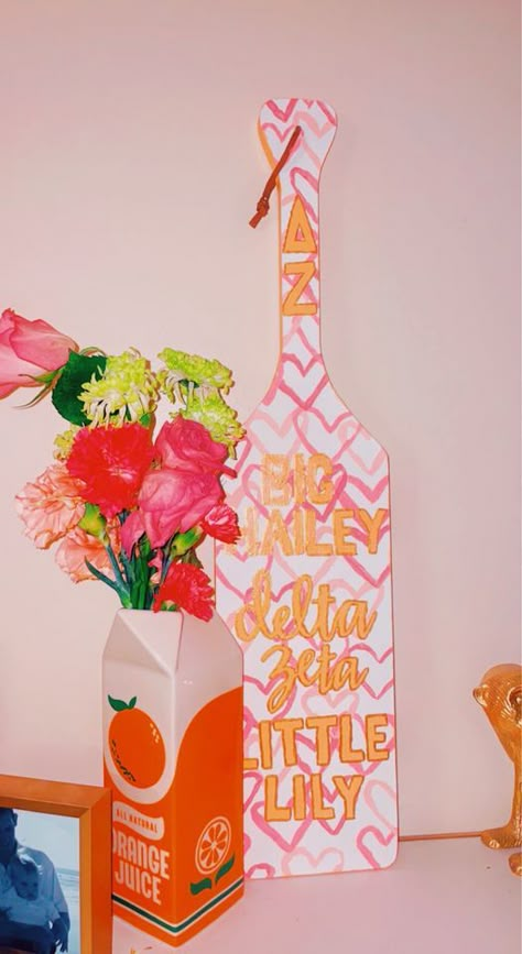 big little paddle sorority pink orange gold trendy fsu florida state college delta zeta dz preppy vsco trendy 2022 2023 au5 Disco Ball Sorority Paddle, Tri Delta Paddle Ideas, Delta Zeta Paddle Ideas, Simple Sorority Paddles, Painted Paddles Ideas, Pink Paddle Sorority, Big Little Plaques, Pink Sorority Paddle, Paddle Designs Sorority