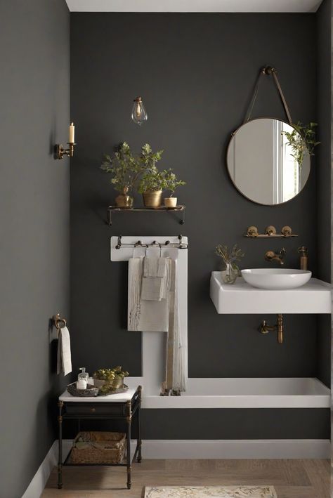 bathroom wall paint, black wall paint, interior wall paint, wall paint guide, 5 $ 
home decorating, home interior design, space planning, interior bedroom design, 5 $ Dark Bathroom Walls Paint, Dark Grey Walls Bathroom, Charcoal Gray Bathroom Walls, Bathroom Walls And Cabinets Same Color, Dark Paint For Bathroom, Dark Bathroom Color Schemes, Charcoal Bathroom Walls, Gray Half Bathroom Ideas, Black Walls In Bathroom