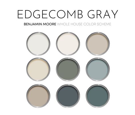 This listing is for a Edgecomb Gray paint palette, created with Benjamin Moore paint colors, and featuring the best selling color, Edgecomb Gray. I have carefully selected a range of 9 colors for this palette, and included options for walls, trim, furniture, cabinets and doors.  Benjamin Moore has hundreds of paint colors, each with their own unique undertones. This can make choosing the right paint colors hard. The colors in this collection were carefully selected to coordinate with each other Balanced Beige Sherwin Williams, Grey Paint Palette, Sea Salt Paint, Neutral Interior Paint Colors, Colors For Home, Color Palette Interior Design, Balanced Beige, Edgecomb Gray, Sherwin Williams Paint