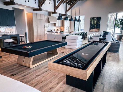 Lounge With Pool Table, Aesthetic Game Room Pool Table, Game Room Pool House, Shuffle Board In Living Room, Pool Table In Living Room, Games Room With Pool Table, Game Table Basement, Pool Table In House, Shuffle Board Tables