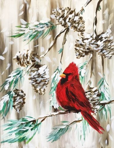 Learn to Paint Red Cardinal in a Winter Pine tonight at Paint Nite! Our artists know exactly how to teach painters of all levels - give it a try! Cardinal Painting, Christmas Paintings On Canvas, Paint Nite, Canvas For Beginners, Winter Painting, Christmas Canvas, Red Bird, Red Cardinal, Night Painting