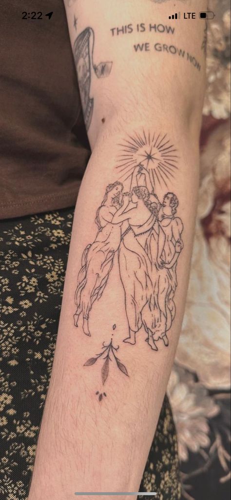 Sandro Botticelli Tattoo, Preraphaelites Tattoo, Primavera Tattoo Botticelli, Three Graces Tattoo Botticelli, Tattoo Ideas Art History, 3 Women Tattoo, Poor Things Tattoo, 3 Graces Tattoo, Ethereal Tattoos Back