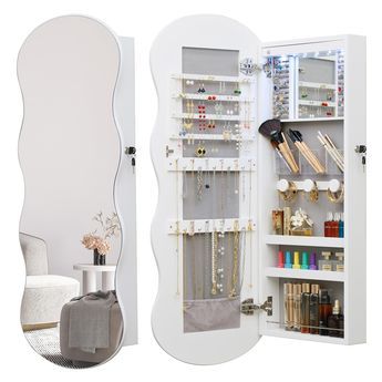 PRICES MAY VARY. LED Jewelry Armoire Cabinet Wall or Door Mounted: a multifunctional storage solution with built-in LED lighting and an interior mirror, perfect for organizing your favorite pieces of jewelry and makeup tools in one place.The internal touch mirror makes your make-up more convenient, and the external full-length mirror is a good helper to match your daily clothes. Lockable Wavy Mirror with Storage:. Simple and stylish white wavy border that matches any furniture and decorating sty Touch Mirror, Wave Mirror, Mirror With Storage, Mirror Jewelry, Closet Design Layout, Mirror Jewellery Cabinet, Cabinet Wall, Magnetic Lock, Wall Mounted Cabinet