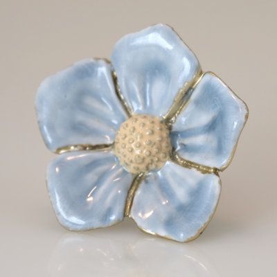 SET OF 4 KNOBS -Luxurious taste is added to any home with our unique Blue Enamel Primrose Knobs with their exquisite finish. Perfect for any cabinet or drawer, these tasteful knobs will add feminine flair to any living space. | Charleston Knob Company Blue Primrose Flower Knob Metal in Blue / Yellow | Wayfair EE-535 Powder Blue Dresser, Charleston Home Decor, Blue Kitchen Accessories, Unique Drawer Pulls, Primrose Flower, Bathroom Knobs, Blue Drawers, Beautiful Beach Houses, Unique Knobs