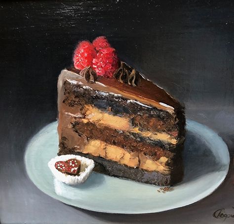 Oil Painting Of Food, Realistic Food Painting Acrylic, Textured Food Painting, Dessert Reference Photos, Cake Slice Painting, Realistic Food Painting, Realistic Food Art, Cake Oil Painting, Art Food Painting