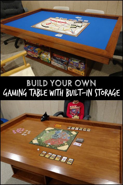 Make playing board games more enjoyable by building your own custom gaming table with storage! Board Games Table, Gaming Table Diy, Dnd Table, Board Game Room, Board Game Storage, Games Table, Puzzle Table, Gaming Furniture, Board Game Table