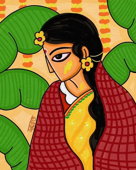 Madhubani Wedding Painting, Bengali Folk Art Painting, Bengali Illustration Art, Bengali Art Culture, East Painting, Bangla Art, Paint Illusions, Scenery Drawing For Kids, Bengali Culture