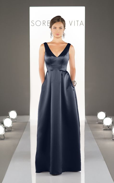 Floor length bridesmaid dresses that will give your bridesmaids a sophisticated satin style. This v-neckline satin silhouette bridesmaid gown is figure-flattering and features pockets. Sorella Vita Bridesmaid Dresses, Fall Bridesmaid, Bridesmaid Dresses 2017, Bridal Party Attire, Wedding Party Bridesmaid, Fall Bridesmaid Dresses, Essense Of Australia, Party Attire, Purple Bridesmaid Dresses