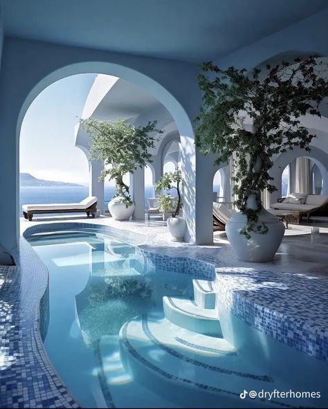 Santorini Resorts, Pool Design Modern, Resort Design, Modern Backyard, Island Living, Swimming Pool Designs, Pool Designs, Backyard Pool, Luxury Villa