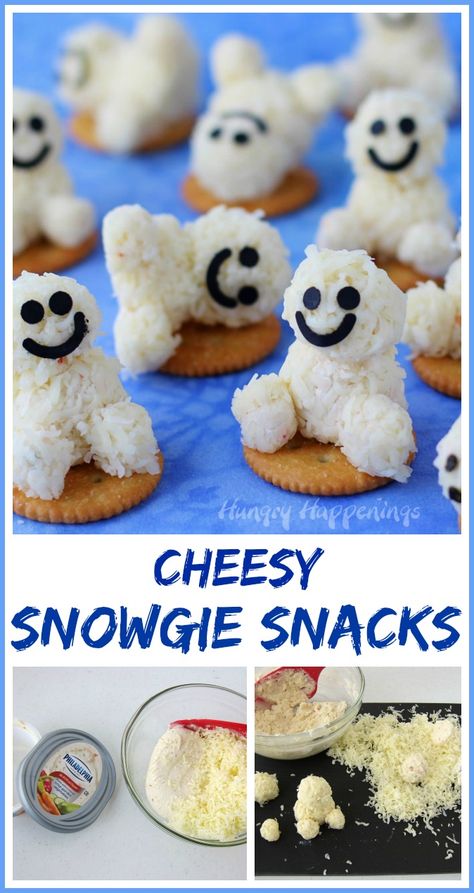 Cheesy Snowgie Snacks are so much fun to make and to eat and your kids are going to love them. They are perfect for a Frozen party or an afternoon snack. See how to make them at HungryHappenings.com Disney Frozen Party Food, Party Food Snacks, Mini Cheese Balls, Frozen Party Food, Cheese Truffles, Olaf Birthday, Birthday Twins, Party Snack Food, Creative Snacks