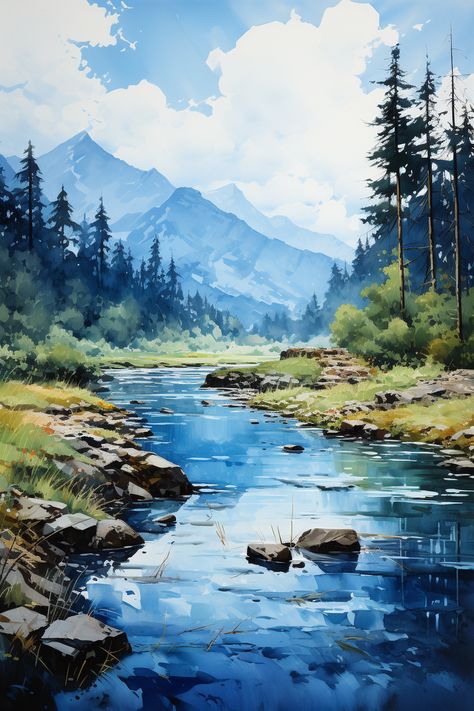 Landscapes In Impressionist Watercolor Style mountain lake Mountain Lake Watercolor, Watercolour Mountains Landscapes, Watercolor Scenery Landscape Paintings, Mountain Lake Drawing, Mountains Painting Watercolor, Mountain Scenery Painting, Mountain Lake Painting, Lake Drawing, Watercolor Mountain Landscape