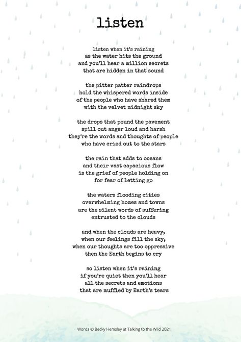 Poem About Thunderstorm, Poems About Weather, Talking To Water, Poems With Rhymes, Becky Hemsley Poems, Rain Poems Poetry, Becky Hemsley Poem, Poems On Life Inspiration Beautiful, Calming Poems