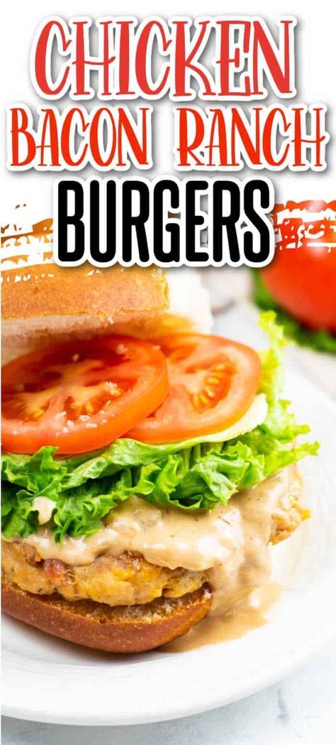 These chicken bacon ranch burgers (also called crack chicken burgers) are a delicious blend of chicken, bacon, ranch flavor and cheddar cheese. They are full of so much flavor and make a great easy dinner that everyone loves! Bacon Ranch Burgers, Chicken Ranch Burgers, Cheeseburger Recipes Homemade, Chicken Bacon Ranch Sandwich, Homemade Burger Recipe, Ranch Burgers, Ground Chicken Burgers, Easy Burger Recipe, Homemade Burgers