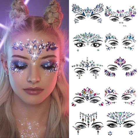 Tattoo Crystal, Temporary Face Tattoos, Face Decoration, Eyes Sticker, Stickers Face, Jewel Tattoo, Crystal Tattoo, Collage Des Photos, Eye Gems