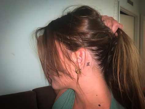 Behind Ear Tattoo Gemini, Initial Tattoo On Back Of Neck, Pisces Symbol Tattoo Behind Ear, Zodiac Behind Ear Tattoo, Gemini Tattoo Behind The Ear, Small Gemini Tattoo For Women Behind Ear, Pisces Ear Tattoo, Peace Sign Tattoo Behind Ear, Gemini Behind Ear Tattoo