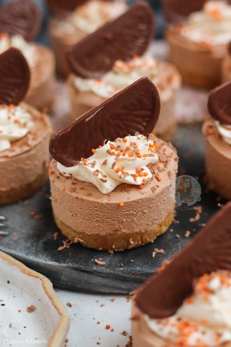 Mini Chocolate Orange Cheesecakes - Jane's Patisserie Mini Chocolate Orange Cheesecakes, Chocolate And Orange Tart, Chocolate Traybake, Chocolate Orange Cheesecake, Orange Cheesecake, Individual Cheesecakes, Triple Chocolate Cheesecake, Janes Patisserie, Dessert Mini