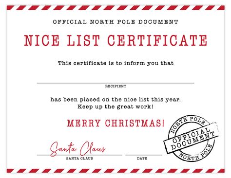 Free Printable Nice List Certificate | Signed by Santa Christmas Certificate Printable, Elf Nice List Free Printable, Santa Nice List Certificate Free, Santa Envelope Printable Free, Nice List Certificate Free Printable, Free Printable Santa Letters, Santa Gift Tags Printable, Rally Ideas, Free Printable Christmas Gift Tags