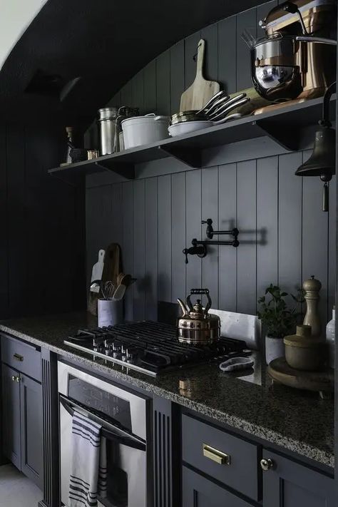 a vintage moody kitchen with graphite grey cabinets, stone countertops, a black beadboard backsplash and potted greenery Black Beadboard Backsplash, Black Beadboard, Moody Kitchens, Metal Countertops, Moody Kitchen, Glam Kitchen, Grey Kitchen Island, Black Backsplash, Red Brick Walls