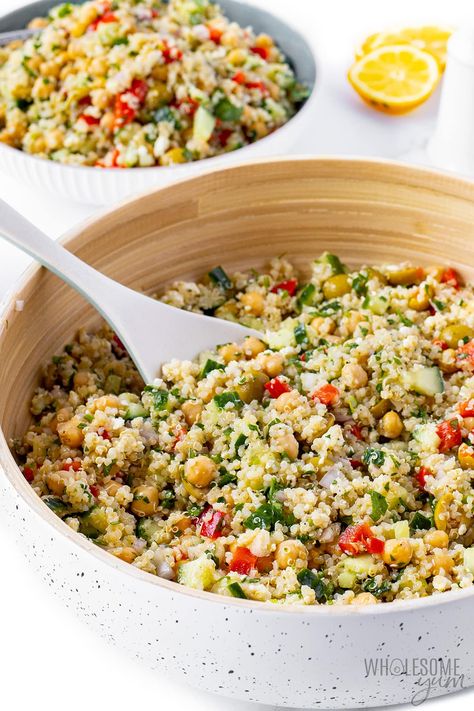 Mediterranean Quinoa Salad Recipe (Quick & Easy!) - Wholesome Yum Quinoa Salad With Hummus Dressing, Chickpea Salad Quinoa, Quinoa Pasta Salad Recipes, Greek Quinoa Recipes, Quinoa Green Salad, Quinoa Salad Simple, Mediterranean Diet Recipes With Quinoa, Medeteranian Quinoa Salad, Meditterean Quinoa Salad