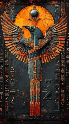 ↑↑↑ Larger size on website 🔸 The image depicts an Egyptian deity, likely a god or goddess, with the head of a bird and the body o 🔸 From Midjourney AI Image