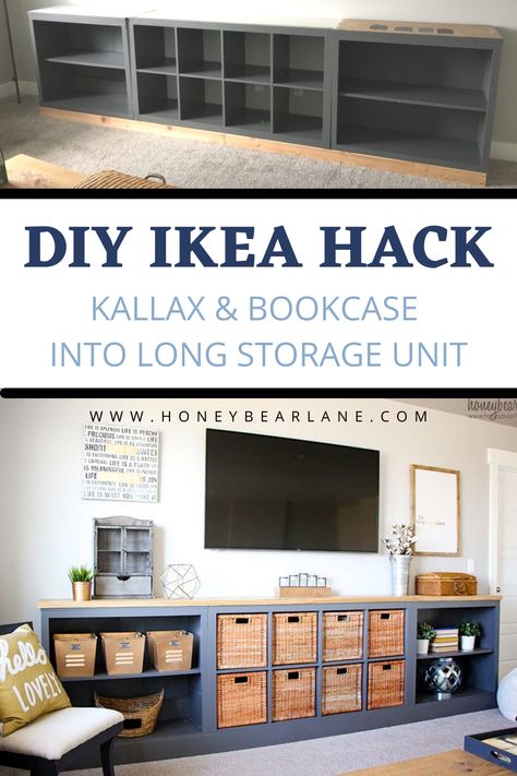 Ikea Low Bookcase Hack, Cube Shelf Entertainment Center, Ikea Under Tv Storage, Ikea Tv Unit Ideas Living Room, Kallax Tv Unit Ideas, Ikea Storage Ideas Wall Units, Ikea Storage Room Ideas, Ikea Storage Ideas Living Room, Tv Console Storage Ideas