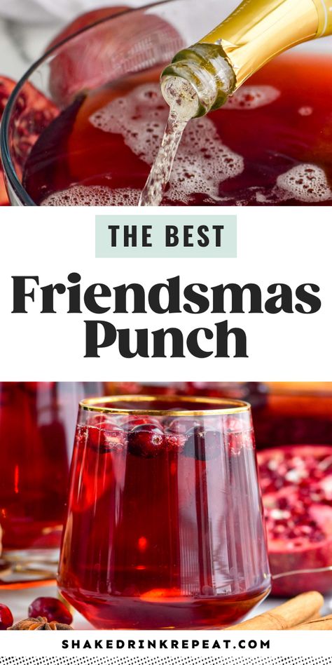 This Friendsmas Punch is festive and delicious, making it the perfect gathering point for when you get together with all of your loved ones this holiday season. Christmas Punch is an easy and delicious holiday party drink packed with fruits like cranberries and pomegranates. Holiday Punches Alcoholic, Christmas Holiday Punch With Alcohol, Christmas Morning Punch With Vodka, Cranberry Party Punch, Easy Christmas Party Drinks, Christmas Drinks With Wine, Tequila Christmas Punch, Christmas Party Finger Food Ideas, Easy Holiday Punch Alcohol