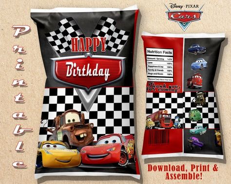 Disney Cars Chip Bag, Disney Cars Favors, Disney Cars Printable Chip Bag Label, Cookie Bag, Party Favor Bags, Lighting McQueen Bags Add a finishing touch to your party with these themed chip labels. Create parting gifts, fill with chips/cookies, gift bags or table decorations with these fantastic Piñata Cars, Auto Party, Cars Party Favors, Cars Birthday Party, Jackson Storm, Disney Cars Party, Car Themed Parties, Cars Party, Car Themes