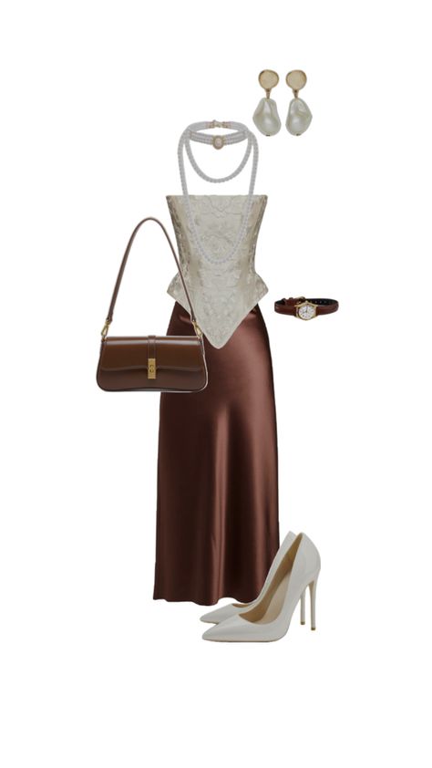 A chic outfit with brown skirt , white corset and pearls accessories Outfit With Brown Skirt, Pearls Accessories, Pearl Accessories, Brown Skirt, White Corset, Brown Skirts, Skirt White, Chic Outfit, Themed Outfits