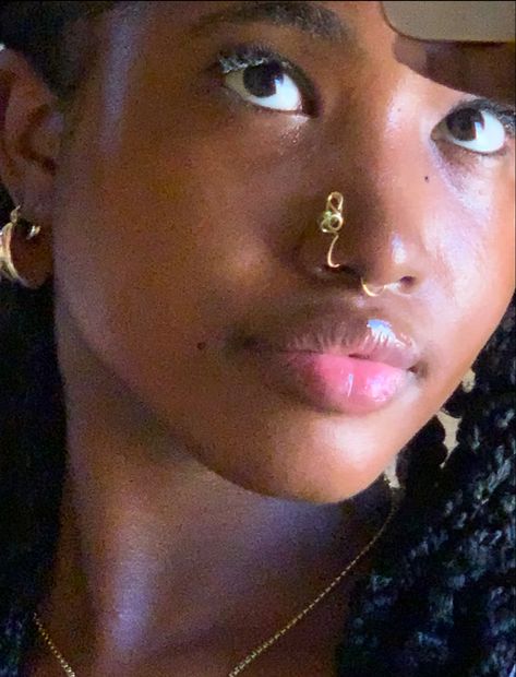 Nose cuffs are from julsc.ollection on IG #aesthetic skincare aesthetic #brownskingirl #nigerian #goldenchild Cuff Nose Ring, Nose Ring Cuff, Nose Cuff Aesthetic, Nose Cuff On Black Women, Double Nose Piercing Aesthetic, Hoop Nose Ring Aesthetic, Nose Piercing Black Woman, Nose Ring Aesthetic, Girls With Nose Rings