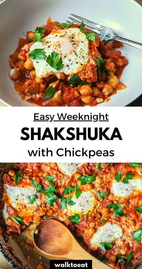 Chickpea Shakshuka Recipe, Shakshuka With Beans, Vegetarian Shakshuka Recipe, Shashuka Recipe Eggs, Oven Baked Shakshuka, Shakshuka With Chickpeas, Shakshouka Eggs Recipe, Chickpeas And Eggs, Best Shakshuka Recipe