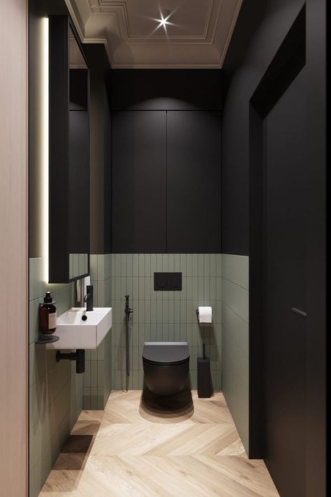 Moody Commercial Bathroom, Bathroom Black Floor White Walls, Black Toilet Bathroom Ideas, Commercial Bathroom Designs, Toilette Design, Toilet Room Decor, Small Toilet Room, Restroom Design, Neoclassical Interior