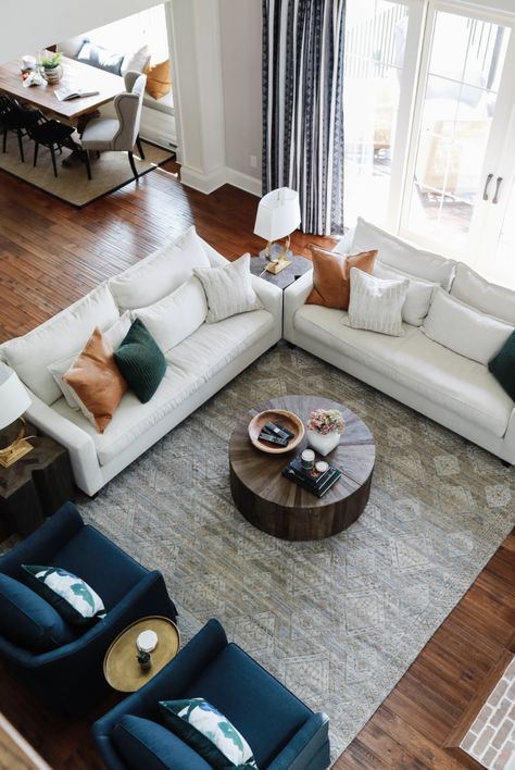 Living Room Layout With Chaise Sofa, 2 Love Seats Layout, Couch And Loveseat Arrangement Layout, Sofa And Loveseat Layout, Two Couches Living Room Layout, House Partition, U Couch, Large Living Room Layout, Hamptons Rug