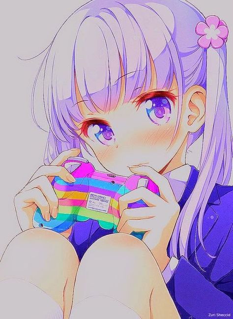 From:Google Plus  Who Posted It ( WPI ):Unknown Description:A girl with purple hair/eyes/cloths holding a rainbow colored game controller Moe Anime, Art Manga, New Game, Anime People, I Love Anime, Art Anime, Awesome Anime, Manga Illustration, Anime Kawaii