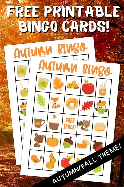 These Free Printable Autumn Bingo Cards can be printed at home so that you can play a fun game of fall-themed bingo with your family and friends! Everything you need to play is included in the pack for up to 12 players. You could even play it over Zoom or House Party for those not in your household! #FreePrintables #ThePurplePumpkinBlog #AutumnPrintables