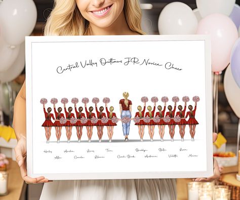 Personalized Cheer picture - a unique cheer gift for team in bulk with a wow-effect that you will remember. This cheerleader print makes an unforgettable cheer team gift, cheerleader gift, cheer team picture and cheerleading gift. ❤ HOW TO ORDER ❤ Quote & Tag Line: Background: Left to right Person 1 Name: Skin Tone: Uniform: Stripes: Poms: Hair: ------ Person 2 Name: Skin Tone: Uniform: Stripes: Poms: Hair: Etc. ★ Please ensure to double-check your personalization before you place your order. ★ Cheerleading Gifts For Team, Cheer Team Gift, Cheerleader Gift, Cheer Team Pictures, Cheer Banquet, Cheerleader Gifts, Kids Cheering, Cheer Team Gifts, Varsity Cheer