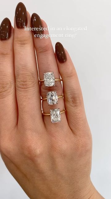 Her Rock | Lab Grown Diamonds on Instagram: "Which elongated shape would you choose? ▪️modified cushion ▪️antique cushion ▪️radiant Choosing the ratio of the stone is just as important as the color and clarity when deciding which stone is right for you. But don’t worry, here at Her Rock, we’ll help you along the way🤍 1:1 appointments available in person and virtually. Link in bio to get scheduled! Engagement ring, diamond ring, solitaire, 14k gold jewelry" Elongated Cushion Cut Engagement Ring, Engagement Rings 4 Carat, Diamond Ring Solitaire, Engagement Rings Cushion Solitaire, Cushion Diamond Ring, Elongated Cushion Cut, Cushion Cut Diamond Ring, Antique Cushion, Radiant Engagement Rings