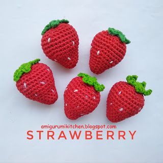 Strawberry ~ Amigurumi Kitchen Crochet Leaf Free Pattern, Russian Pattern, Amigurumi Food, Crochet Strawberry, Crochet Fruit, Crochet Keychain Pattern, Crochet Mandala Pattern, Crochet Leaves, Crochet Food