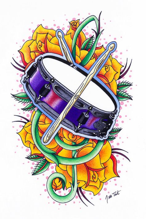 Drum Tattoo Commission by GoreJessGhouls on DeviantArt Drum Artwork, Clef Tattoo, Treble Clef Tattoo, Drums Wallpaper, Drums Artwork, Drum Tattoo, Kids Drum Set, Drums Art, Music Tattoo Designs