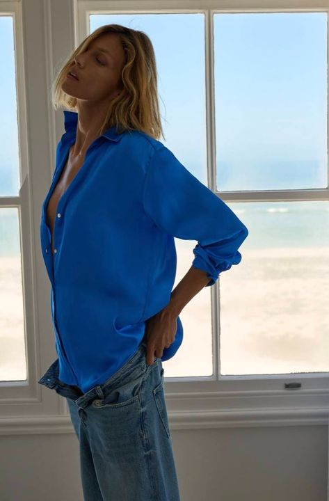 Electric Blue Shirt Outfit, Electric Blue Shirt, Blue Shirt Outfit, Satin Texture, Chiffon Romper, Feather Tops, Solid Color Jumpsuits, Flowy Shirt, Satin Shirt