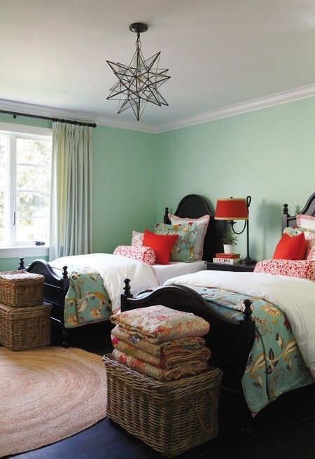 Twin beds Cali Bedroom, Eclectic Kids Room, Twin Beds, Country Cabin, Multiple Pictures, Green Bedroom, Shared Room, Design Blogs, Green Walls