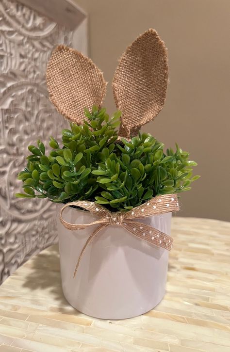 Bunny Tail Centerpiece, Easter Plants, White Container, Burlap Bunny, Plant Arrangement, Faux Boxwood, Easter Bunny Ears, Bunny Decor, Burlap Bows