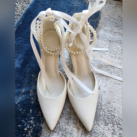 White And Pearl Wedding Heels With Ribbon Ties. Cute And Comfortable, Never Worn. 3 Inch Heels White Pearl Heels, Quince Heels, Heels With Ribbon, White And Gold Heels, Cotton Dress Indian, Colorful Wedding Shoes, Pearl Heels, Pearl Wedding Shoes, Crocs Fashion