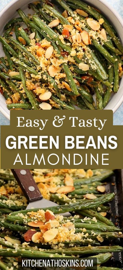 Learn how to make easy oven roasted green beans recipe that is vegan, healthy and makes a tasty vegetable side dish for dinner, thanksgiving or the holidays. If you have ever wondered how to cook fresh green beans, then this easy veggie side dish with almonds can be adapted with frozen green beans. Get the green beans almondine recipe at kitchenathoskins.com. Green Beans Oven Roasted Easy Recipes, Roasted Green Beans Thanksgiving, Green Bean Oven Recipe, Fresh Beans How To Cook, Almondine Green Beans, Beans Almondine Recipe, Healthy Green Bean Recipes Clean Eating, Green Vegetable Side Dish Healthy, Easy Roasted Green Beans