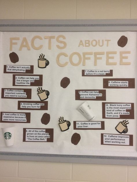 Bulletin board about coffee!! I love coffee and wanted to do this for one of my boards Coffee Bulletin Board, Coffee Classroom, Cafe Classroom, Teacher Decorations, Starbucks Theme, Unique Bulletin Board Ideas, Fcs Classroom, Ra Decorations, Ra Inspiration