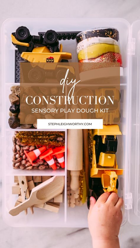 Sensory Play Doh Kit DIY Construction Theme - Steph Leighworthy Diy Construction Sensory Bin, Construction Playdough Kit, Travel Playdough Kit, Sensory Bin Kits, Playdoh Kits Diy, Play Doh Kits Diy, Diy Playdough Sensory Kit, Playdoh Sensory Kits Diy, Sensory Kit Ideas