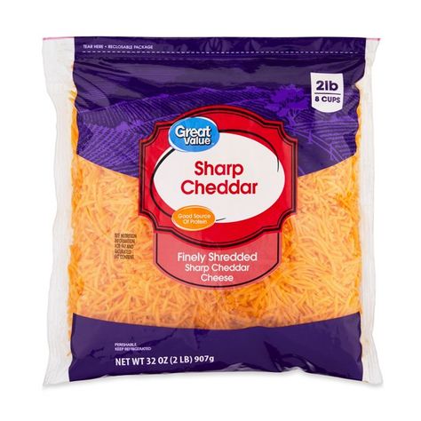 Great Value Finely Shredded Sharp Cheddar Cheese, 32 oz - Walmart.com Walmart Food Snacks, Grocery Store Food, Grocery Staples, Healthy Cheese, Fridge Pantry, Brand Food, Cheese Packaging, Dog Girl, Pasta Sides