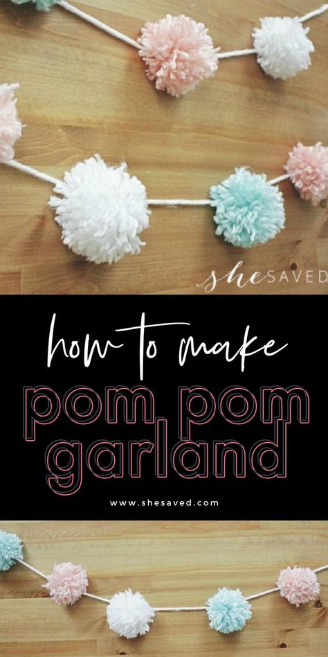 How to Make EASY handmade POM POM Garland with Yarn! *cute for homemade room or party decor! Diy Fabric Pom Poms, How To Make Yarn Garland, How To Make Your Own Pom Poms, Pom Poms With Yarn, Pom Pom Shower Curtain Bathroom, Diy Puff Ball Pom Poms, Yarn Pom Pom Diy Garland, Yarn Puffs Pom Poms, Diy Tassel Garland Yarn