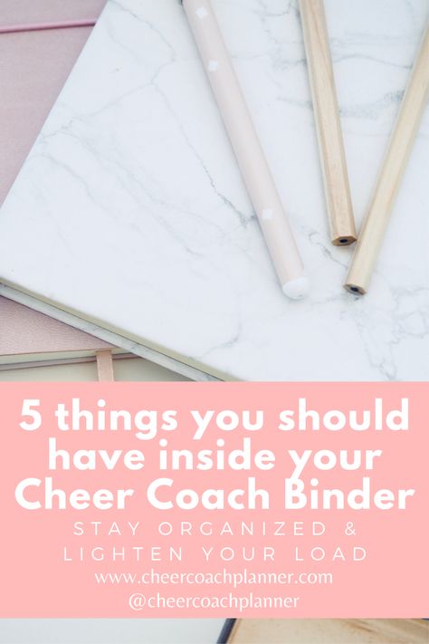 Stay organized and lighten the load of your bulky cheer coach binder. Is your coach binder too large and too heavy to carry around all the time? This blog shares tips to lighten that load. No matter how you choose to organize your season, the best advice I have is to make sure you have the things you need to make you feel like you are as prepared as possible! How To Coach Cheerleading, Cheerleading Coaching Tips, Cheer Coaching Tips, Cheer Coach Planner, Cheer Coach Planner Free, Cheer Coach Organization, Cheer Coach Bag Essentials, Cheer Coach Must Haves, Cheer Coach Ideas