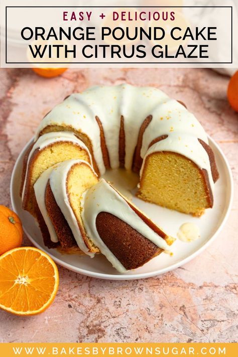 Get ready to indulge in this irresistibly moist and tender Orange Pound Cake with Citrus Glaze! Packed with the zing of orange zest and fresh orange juice, it's the ultimate easy dessert to impress your family and friends. Get the recipe at Bakes by Brown Sugar and make this cake your next weekend baking project. Easy Orange Pound Cake, Orange Tea Cake, Orange Pound Cake Recipe, Citrus Glaze, Orange Bundt Cake, Orange Pound Cake, Spring Recipes Dessert, Spring Dessert, Citrus Recipes